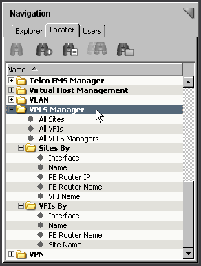 VPLS Manager searches on the Locater tab