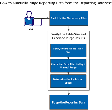 This diagram illustrates the process to Manually Purge Reporting Data from the Reporting Database