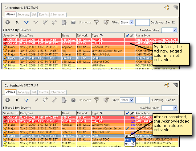 Comparison of the Acknowledged column on the Alarms tab as an uneditable field and as an editable field