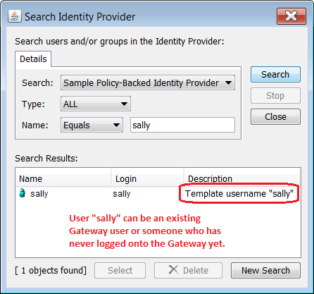 use the Search Identity Provider dialog to assign roles to template users